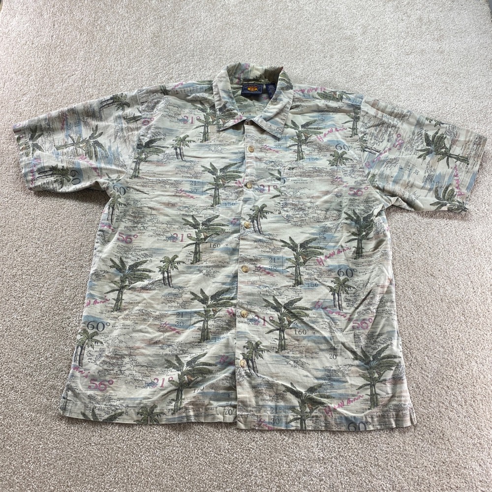 Route 66 Shirt Mens Large Hawaiian Map‎ Palm Tree Print Cotton Button Up